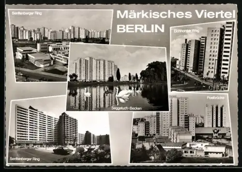 AK Berlin, Märkisches Viertel, Senftenberger Ring, Postbrücke, Eichhorster Weg