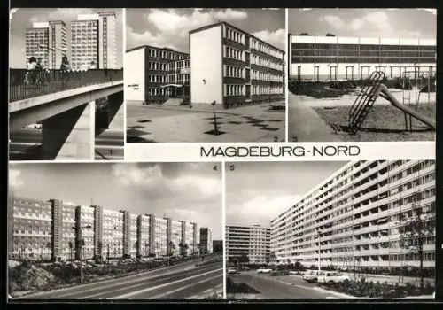 AK Magdeburg-Nord, Wohnhäuser, Fussgängerübergang Magdeburger Ring, Spielplatz u. Turnhalle