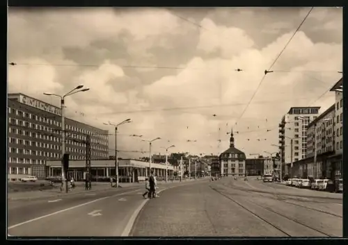 AK Gera, Strasse der Republik mit Inter-Hotel, Panorama