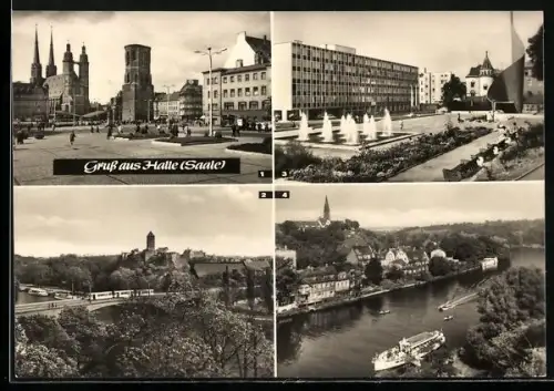 AK Halle /Saale, Fahnenmonument und Neubau am Hansaring, Marktplatz