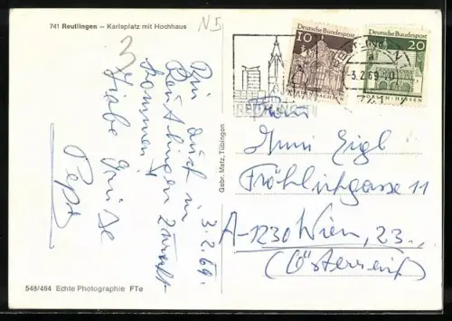AK Reutlingen, Karlsplatz mit Hochhaus aus der Vogelschau
