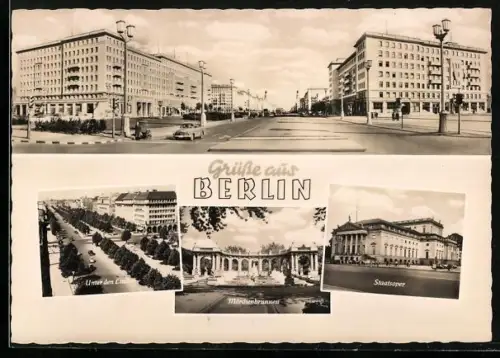 AK Berlin, Keruzung Karl-Marx-Allee mit Gebäuden, Staatsoper