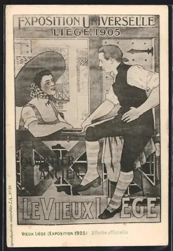Künstler-AK Liège, Exposition Universelle 1905, Le Vieux Liège, Quartier ancien, Frau unterhält sich mit Mann
