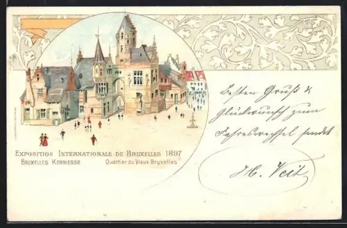 Lithographie Bruxelles, Exposition Internationale 1897, Kermesse, Quartier du Vieux Bruxelles