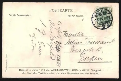 Künstler-AK Gent, Weltausstellung 1913, Ortsansicht mit Kirche