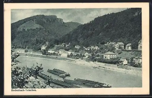 AK Bodenbach-Tetschen, Uferpartie mit Lastkähnen