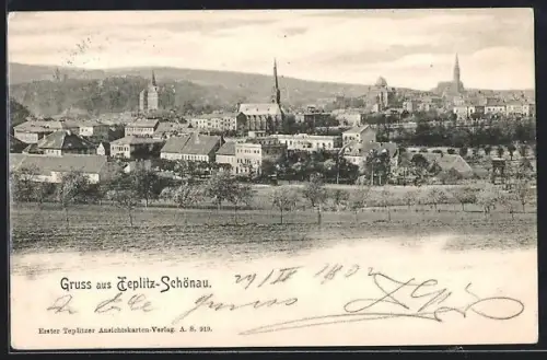 AK Teplitz-Schönau, Blick auf die Stadt mit Kirchtürmen