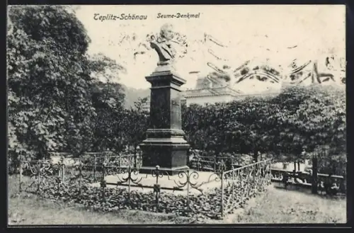 AK Teplitz-Schönau, Seume-Denkmal mit Garten