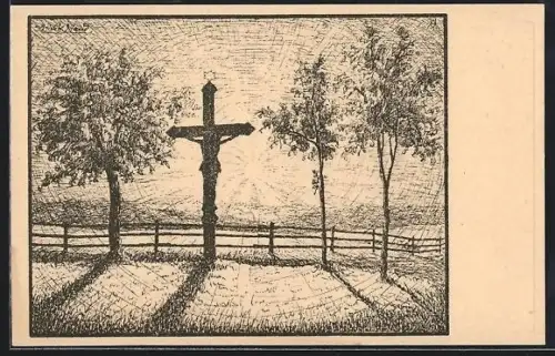 Künstler-AK Langewiese i. B., Flurkreuz im Sonnenschein