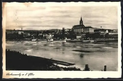 AK Leitmeritz a. d. Elbe, Uferpartie mit Kirche