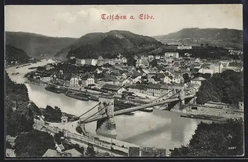 AK Tetschen a. Elbe, Flusspartie mit Brücke