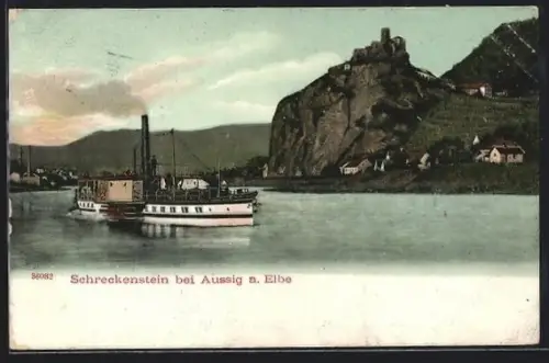 AK Schreckenstein bei Aussig a. Elbe, Uferpartie mit Schiff und nahen Häusern