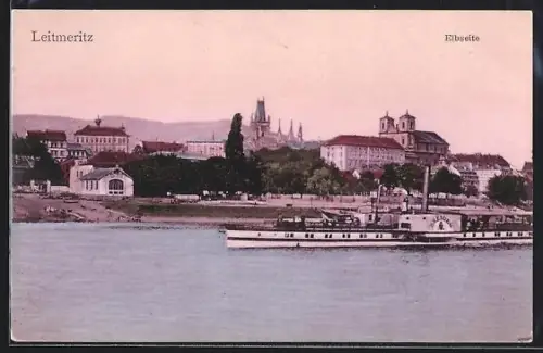 AK Leitmeritz-Litomerice, Elbseite mit Dampfer Dresden
