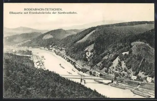 AK Bodenbach-Tetschen, Elbepartie mit Eisenbahnbrücke der Nordwestbahn