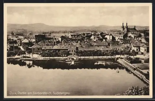 AK Dux /Sudetengau, Partie am Barbarateich mit Kirche im Hintergrund