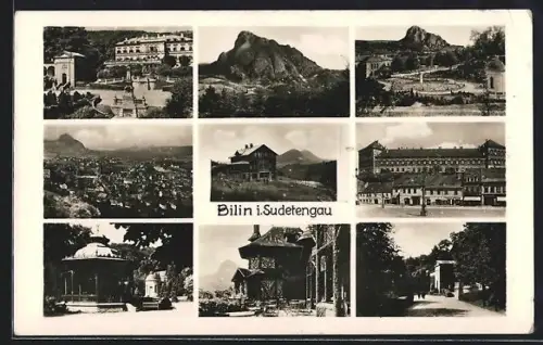 AK Bilin i. Sudetengau, Parkanlagen, Pavillon, Festung und Gasthaus