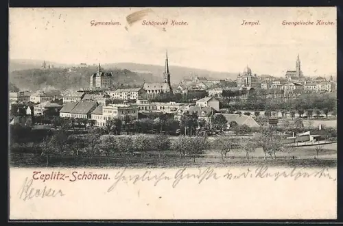 AK Teplitz-Schönau, Gymnasium, Schönauer Kirche, Tempel und evang. Kirche