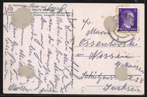 AK Bad Teplitz-Schönau, Blick aus dem Wald über die Dächer der Stadt mit Kirche