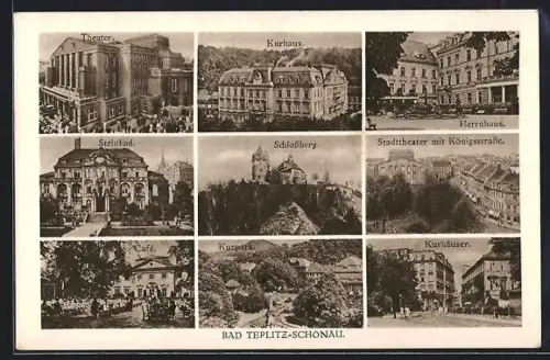 AK Bad Teplitz-Schönau, Café, Theater, Kurhaus, Herrnhaus, Steinbad