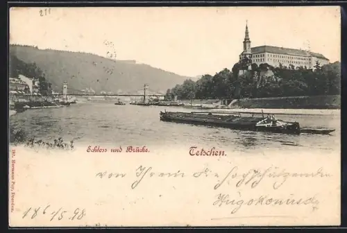 AK Tetschen, Uferpartie mit Schloss und Brücke