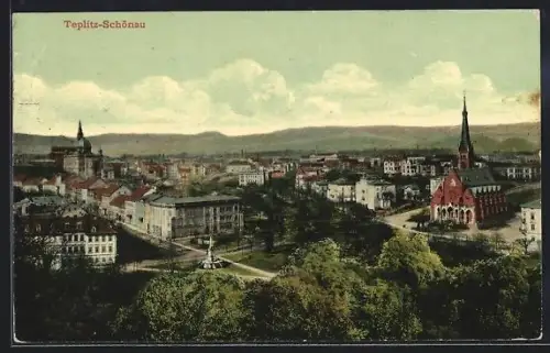 AK Teplitz-Schönau, Blick über die Stadt und ihre Umgebung mit Kirchtürmen