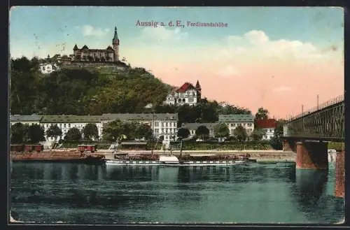 AK Aussig a. d. E., Uferpartie mit Ferdinandshöhe