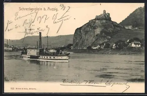 AK Schreckenstein b. Aussig, Uferpartie mit Schiff und Blick auf Burg