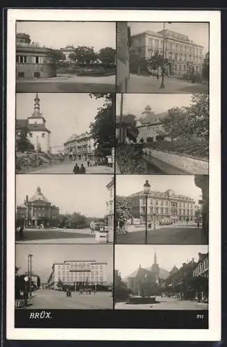 AK Brüx, Gasthaus Bräuhaus, Strassenpartie mit Strassenbahn, Blick zur Kirche