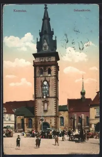 AK Komotau, Dekanalkirche mit Vorplatz