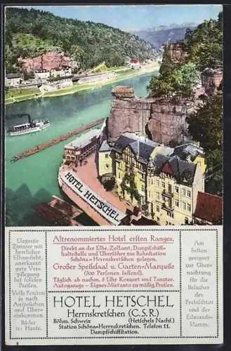 AK Herrnsketschen /Böhm. Schweiz, Hotel Hetschel am Fluss