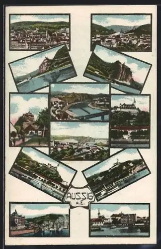 AK Aussig a. E., Brückenpartie, Blick über den Ort