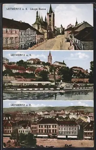 AK Leitmeritz a. E., Lange Gasse, Raddampfer König Georg unterwegs