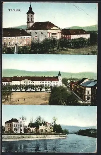AK Terezin, Blick zur Kirche, Flusspartie im Ort