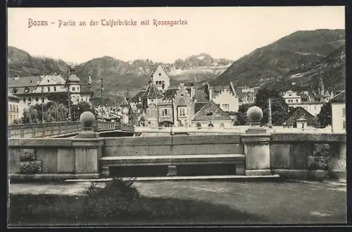 AK Bozen, Partie an der Talferbrücke mit Rosengarten