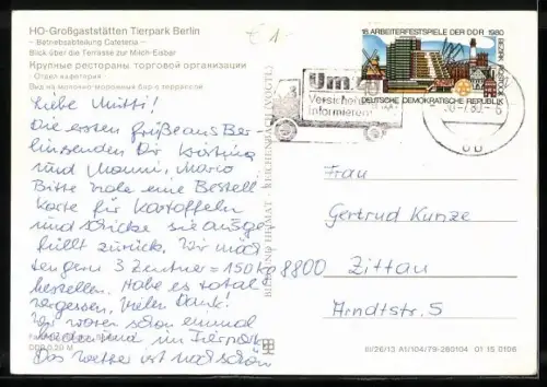 AK Berlin, HO-Grossgaststätten Tierpark-Betriebsabteilung Cafeteria, Blick über die Terrasse zur Milch-Eisbar