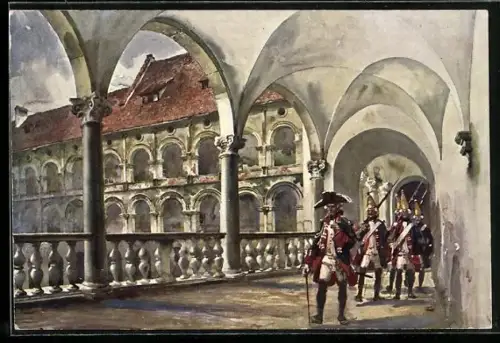 Künstler-AK Krakau-Krakow, Kruzganki palacu krolewskiego Prusacy na Wawelu w XVIII wieku