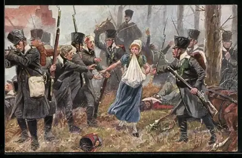 Künstler-AK Befreiungskriege, Kämpfer werden mit Patronen versorgt