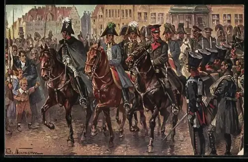 Künstler-AK Einzug der verbündeten Monarchen Alexander I., Friedrich Wilhelm III. und Franz I. in Leipzig