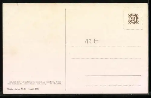 Künstler-AK Einzug der verbündeten Monarchen Alexander I., Friedrich Wilhelm III. und Franz I. in Leipzig