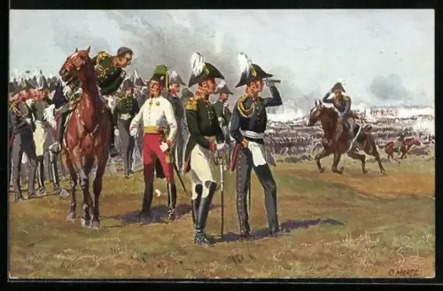 Künstler-AK O. Merte: Die drei Fürsten auf dem Monarchenhügel am Nachmittage des 16. Okt. 1813