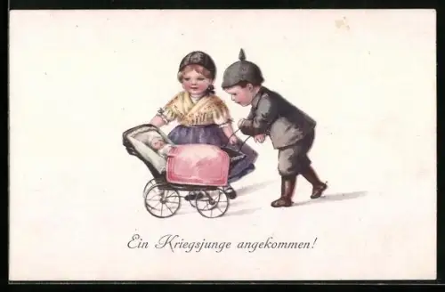 AK Junge als Soldat mit seiner Freundin und einem Puppenwagen, Kinder Kriegspropaganda