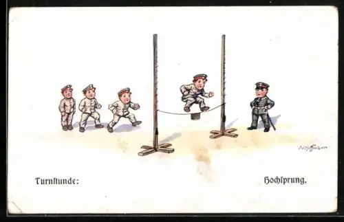 Künstler-AK Ad. Hoffmann: Turnstunde, Soldaten beim Hochsprung