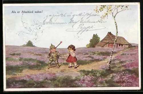 Künstler-AK Ad. Hoffmann: Als er Abschied nahm!, Kleiner Feldgrauer und Mädchen