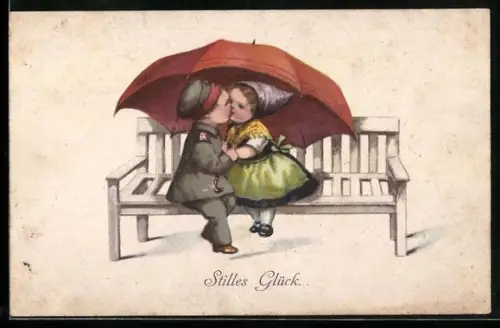 Künstler-AK Kleiner Soldat küsst die Liebste unterm Schirm