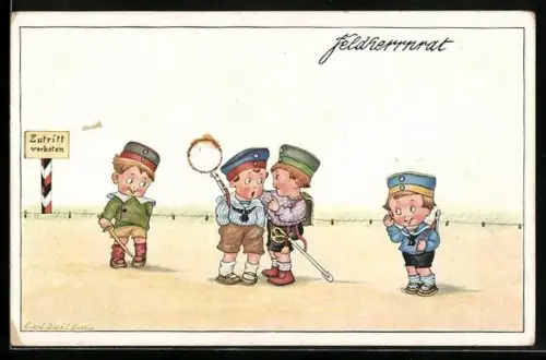 Künstler-AK Carl Diehl: Jungen mit Feldherrenmützen im Gespräch vor einem Grenzstein