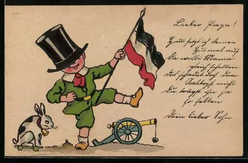 AK Kleiner Junge mit Reichsflagge, Kanone und Spielzeugkaninchen, Kinder Kriegspropaganda