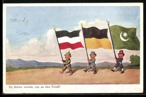 AK Kleiner deutscher, österreichischer und osmanischer Soldat mit Landesfahnen