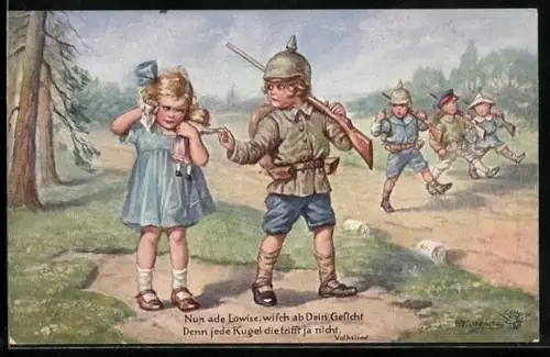 Künstler-AK Wally Fialkowska: Kleiner Junge als Soldat verabschiedet sich von seinem Mädchen