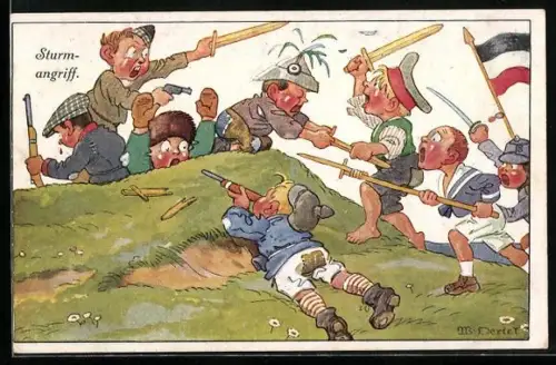 Künstler-AK sign. W. Oertel: Sturmangriff, Kinder spielen Krieg