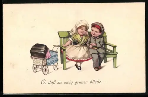 Lithographie Soldatenpaar auf einer Bank, Kinder Kriegspropaganda
